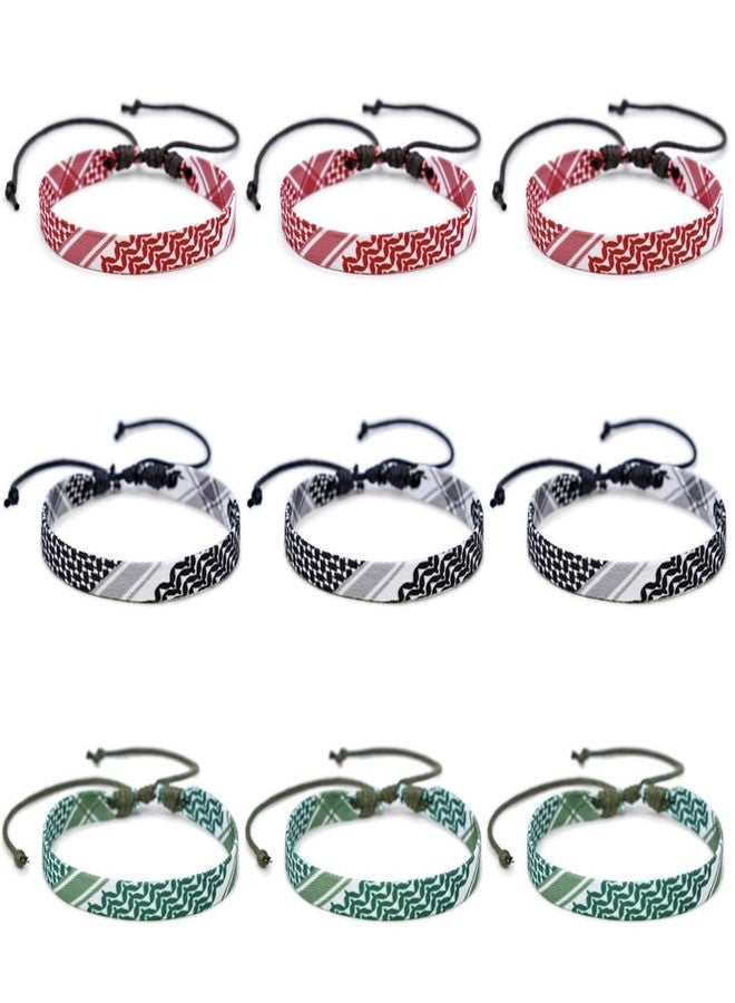 ZUYYON 9 Pcs Keffiyeh Printed Bracelets Adjustable Braided Bracelet Arab Hand Woven Wristbands Boho Style Wrist Wrap Bracelet(Red, Black, Green) - Image 1